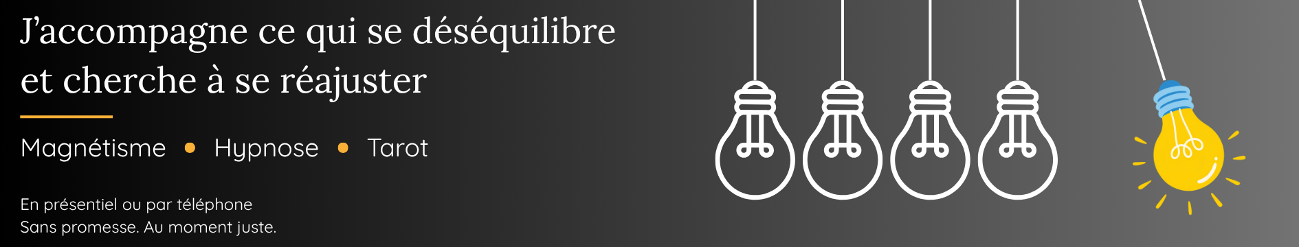 J’accompagne ce qui se déséquilibre et cherche à se réajuster. Magnétisme, hypnose et tarot, en présentiel ou par téléphone. Sans promesse. Au moment juste.